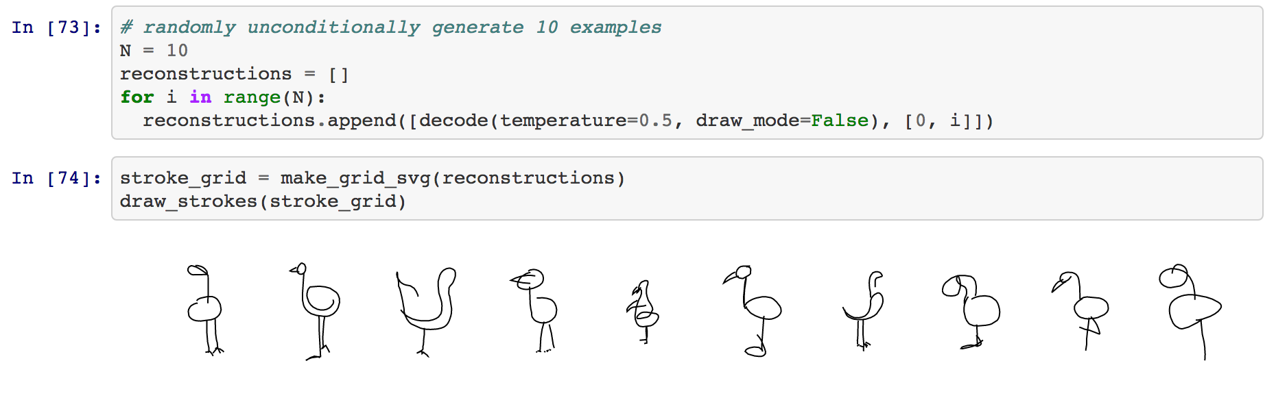 Some generated flamingos from the Jupyter notebook
