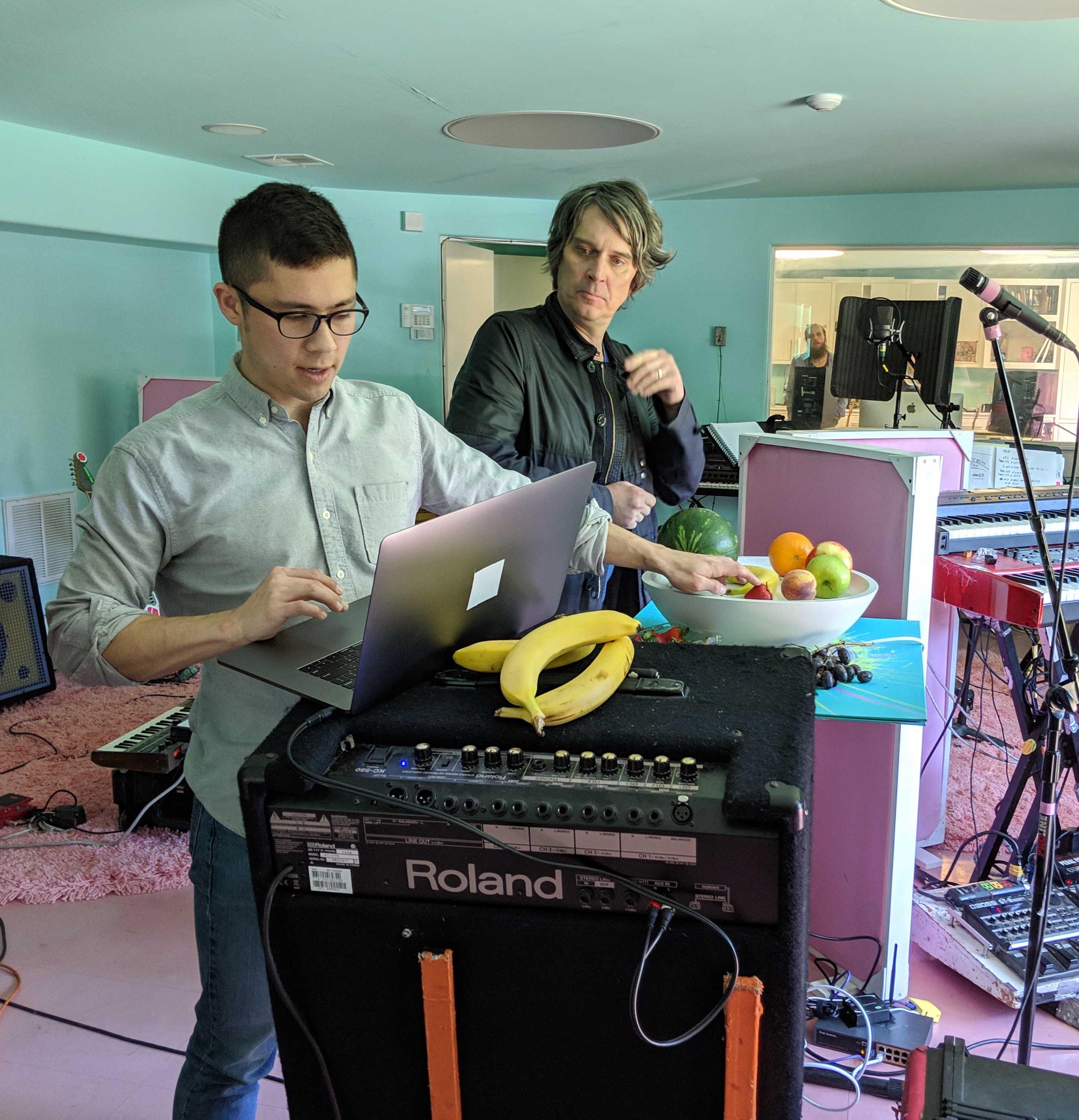 Mike Derrick (Deeplocal) tests the Fruit Genie with Steven Drozd (The Flaming Lips) during studio songwriting session.