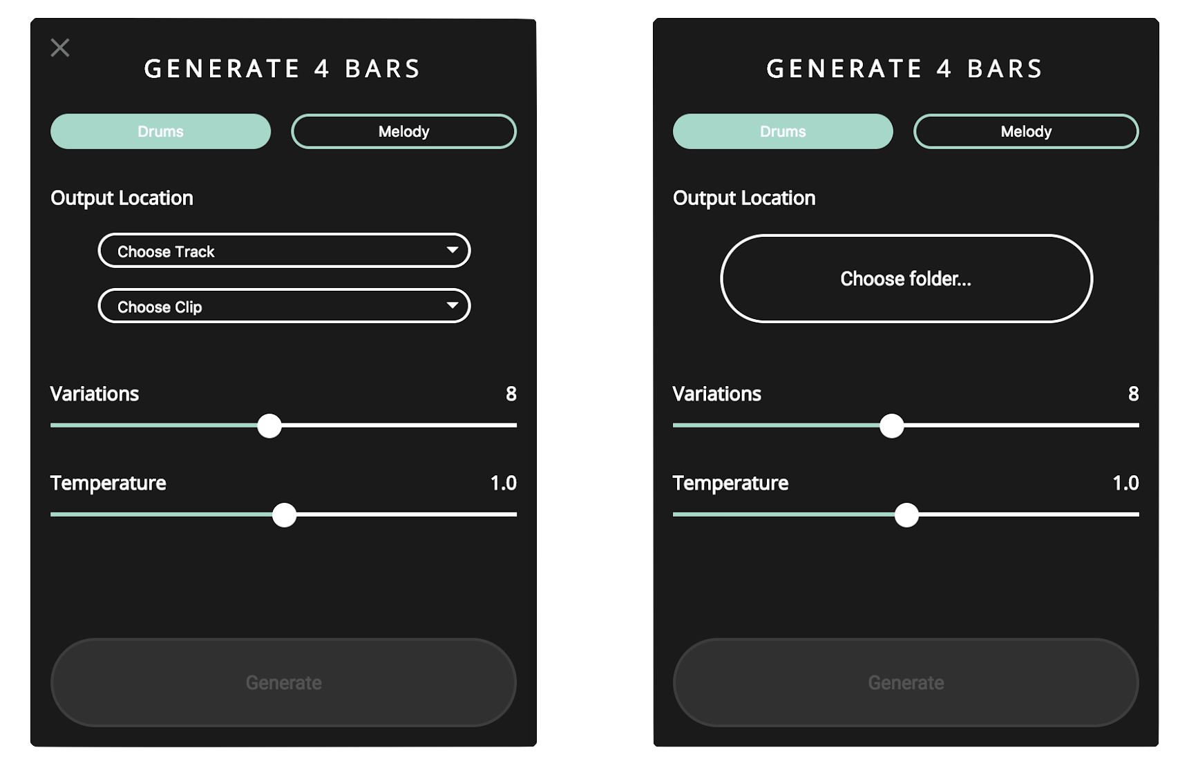 side by side ableton and standalone plugin titled generate 4 bars